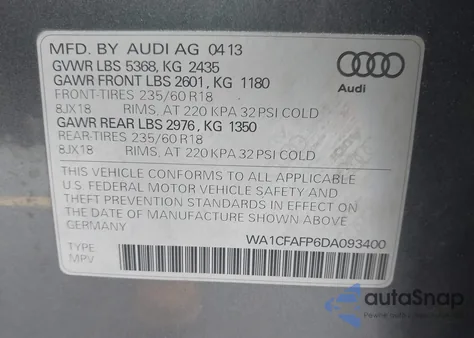 2013 Audi Q5 2.0T Premium из США, поврежденный, VIN WA1CFAFP6DA093400